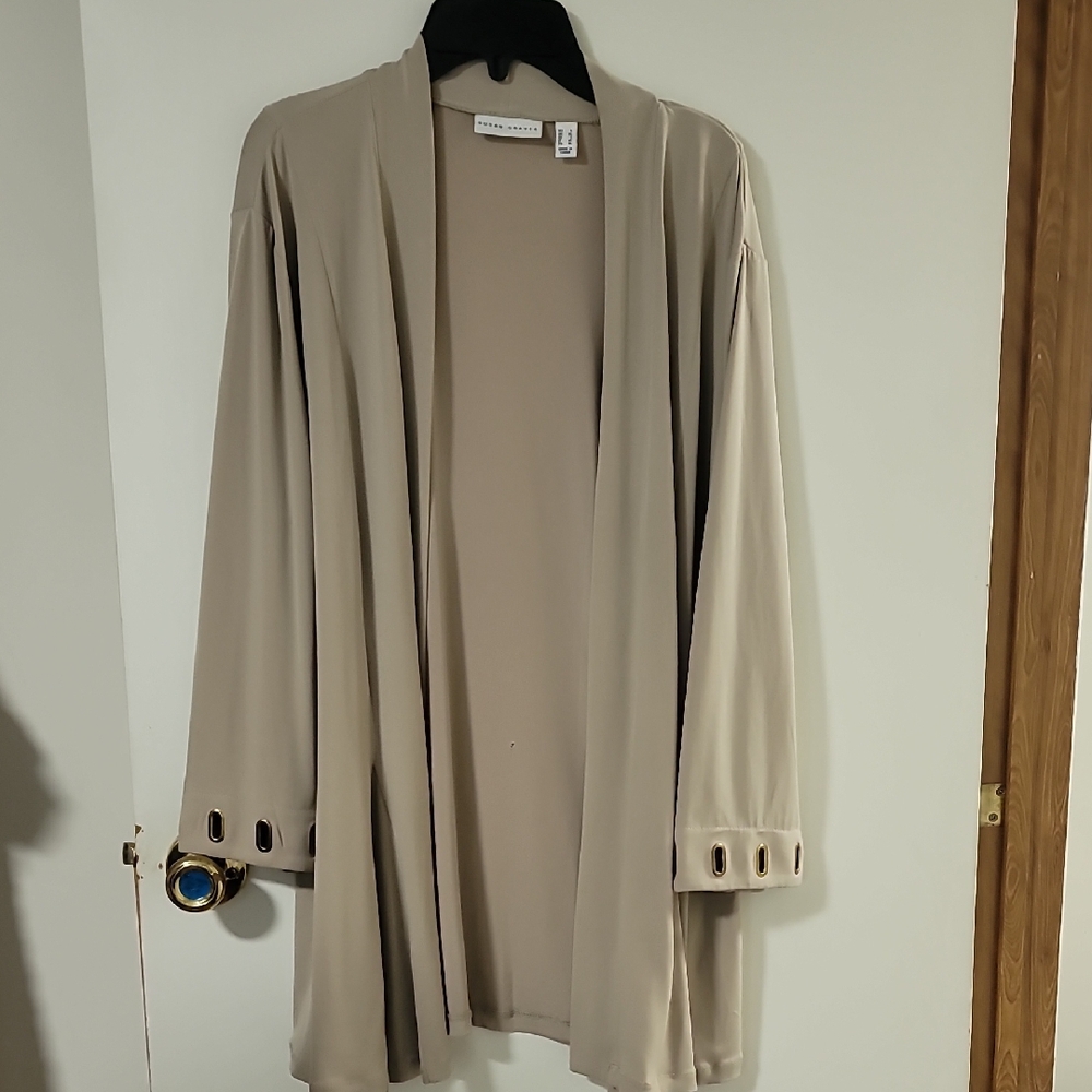 Susan Graver Taupe Open-Front Grommet Sleeve Cardigan